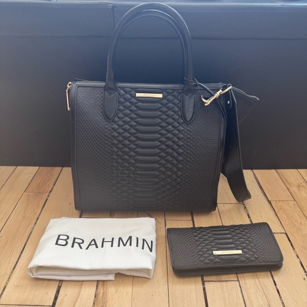 BRAHMIN Black Lorrell Caroline and Ady Textured Satchel and Wallet Set
